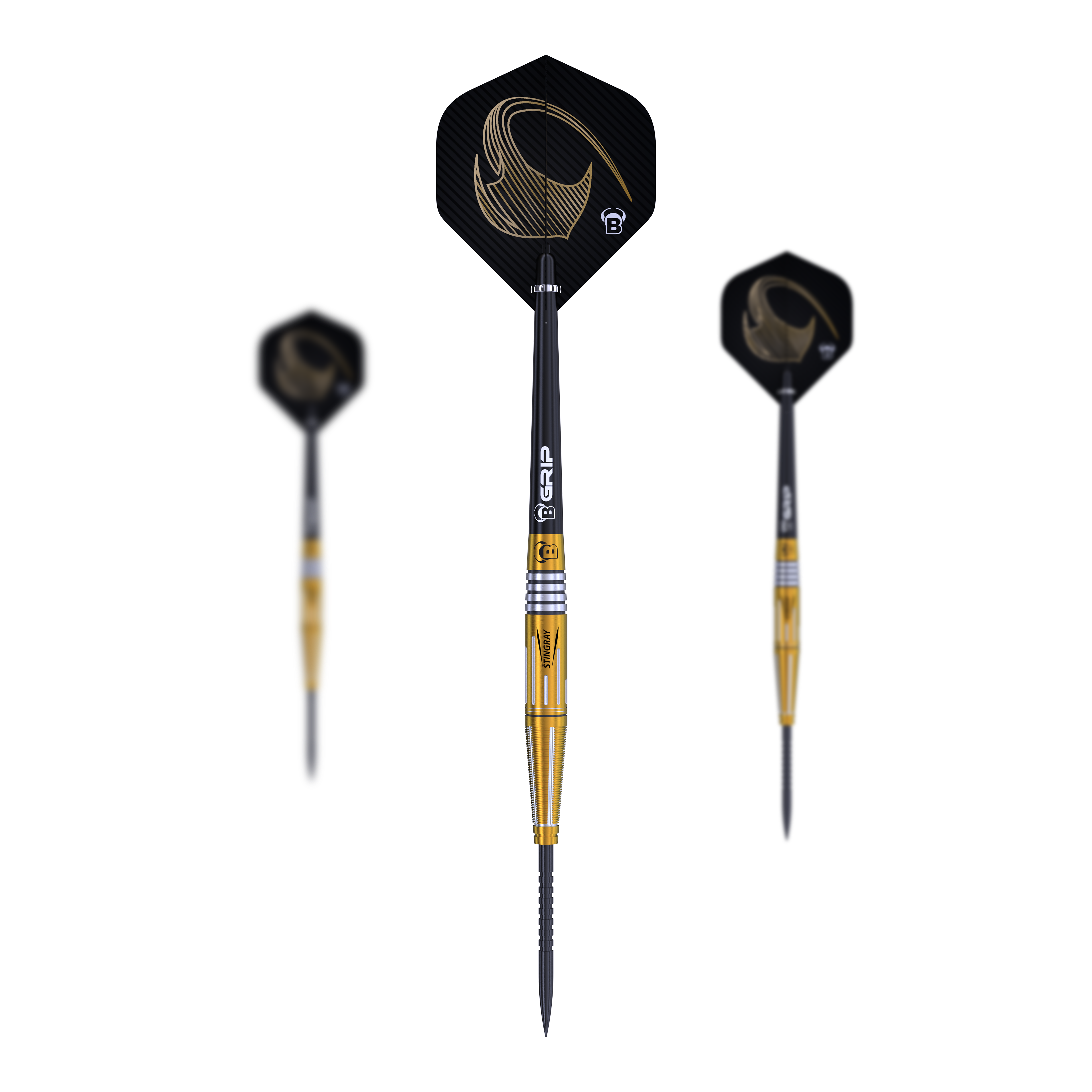 Das Bild zeigt drei Steeldarts des Modells "Bulls Stingray ST4". Die Darts haben goldene und schwarze Akzente sowie Flights mit einem goldenen Muster.